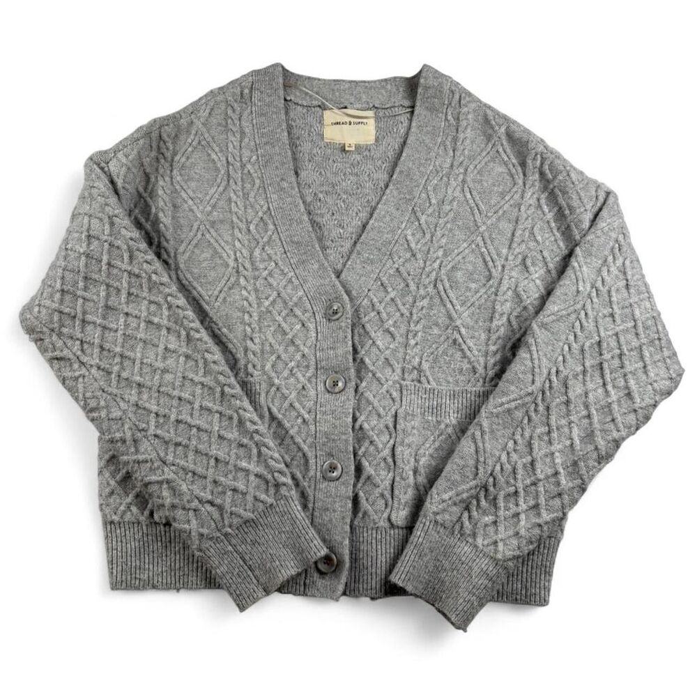 Thread & Supply Gray Cable Knit Cardigan Women’s S Button Front Cozy Sweater
